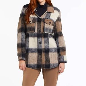 Tribal Mid Length Camel Brushed Plaid Shacket Jacket Coat Pockets S New